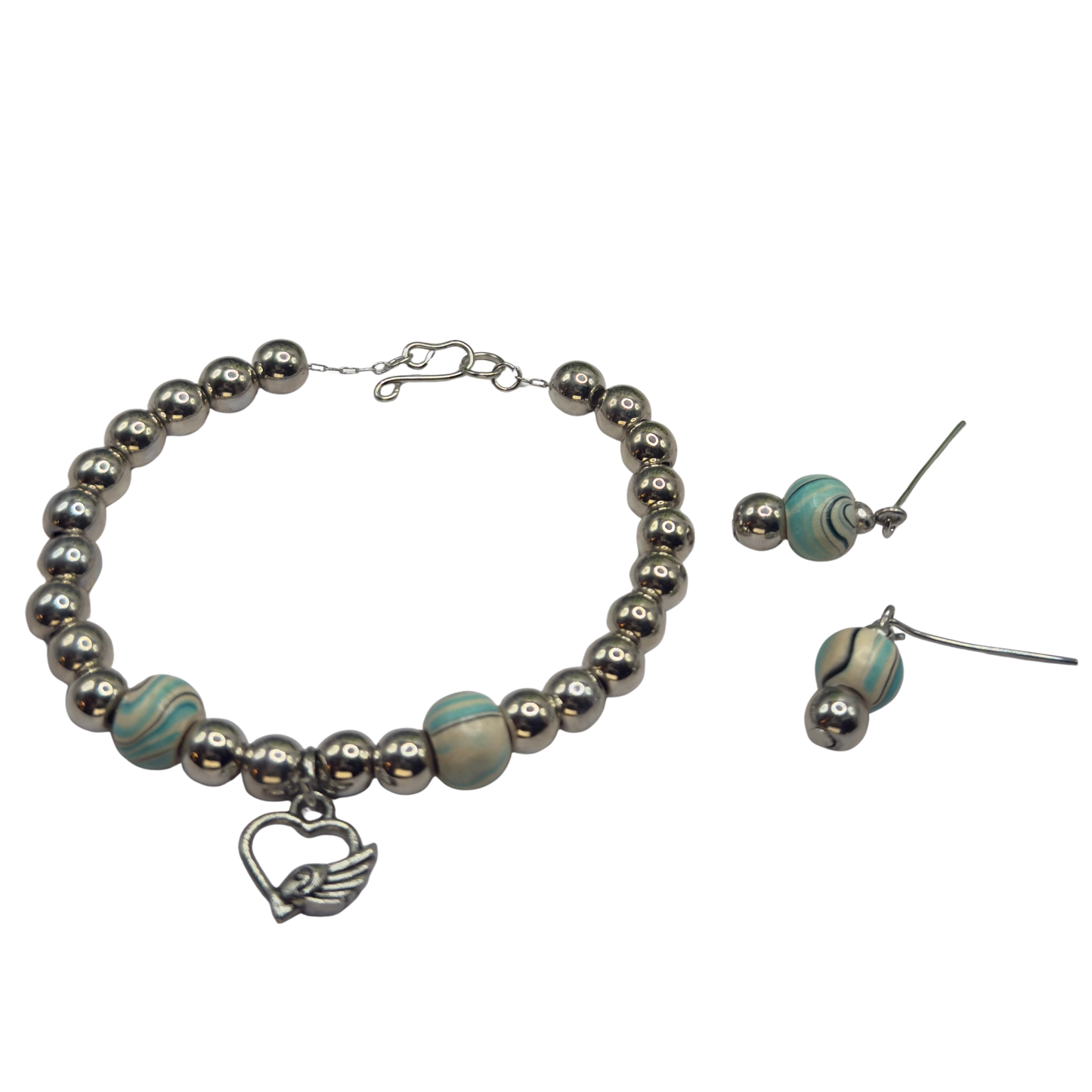 Turquoise Blue Swirl & Silver Beaded Doll Necklace & Earrings Set • 18 Inch Fashion Doll Jewelry