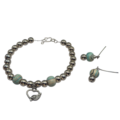Turquoise Blue Swirl & Silver Beaded Doll Necklace & Earrings Set • 18 Inch Fashion Doll Jewelry