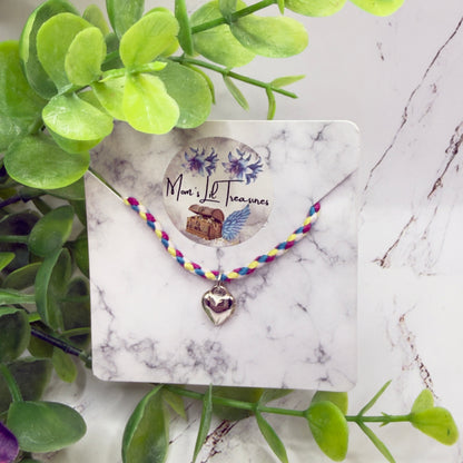 Braided Purple Blue Yellow Fabric Doll Necklace Silver Heart Charm • 14 Inch Fashion Doll Jewelry