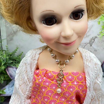 Pearl Gold Spiral Design Y-Style Doll Necklace • 18-22 Inch Fashion Vintage Doll Jewelry