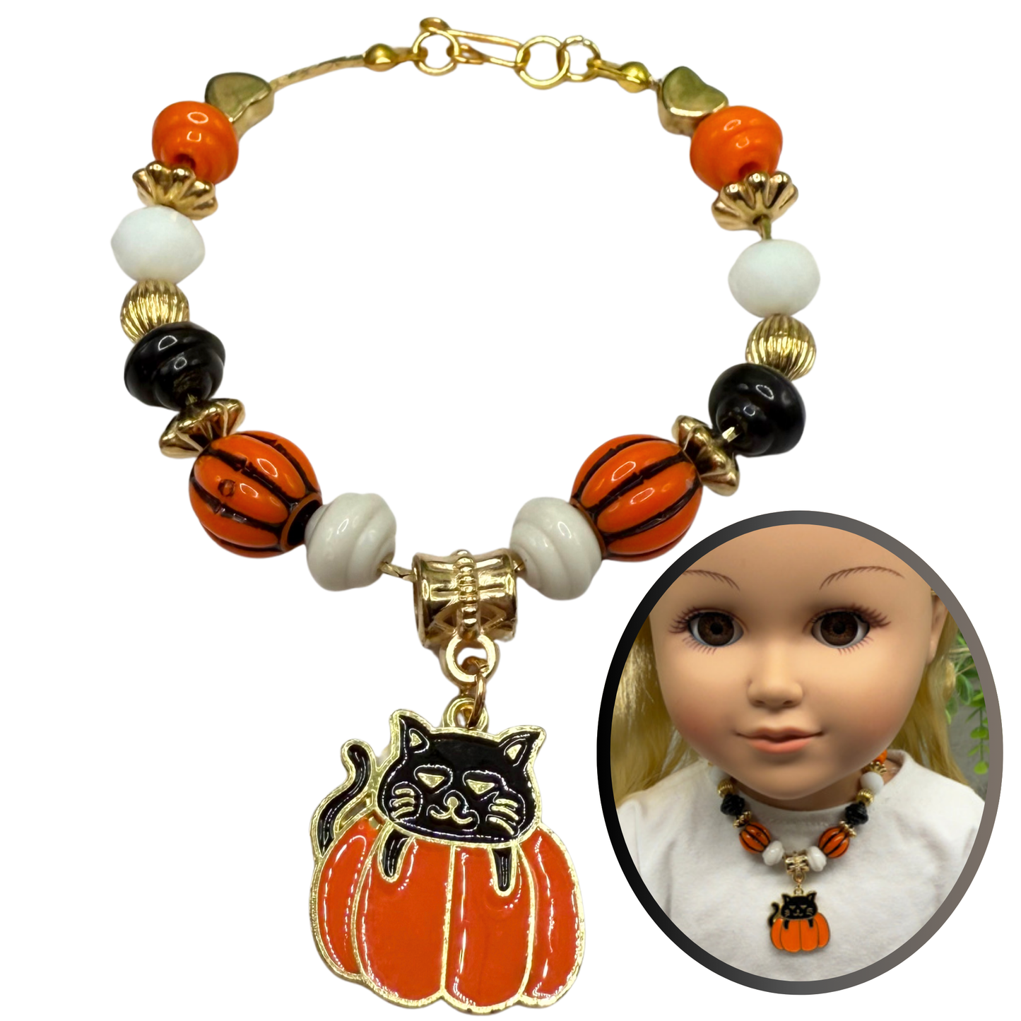 Cat in Pumpkin Charm Halloween Beaded Doll Necklace • 18 Inch Fashion Doll Jewelry