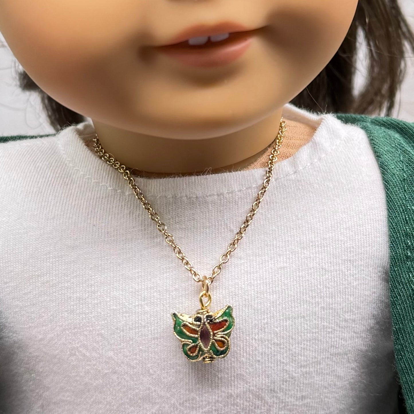 Green Multi Color Enamel Detail Butterfly Charm Gold Doll Necklace • 18 Inch Fashion Doll Jewelry