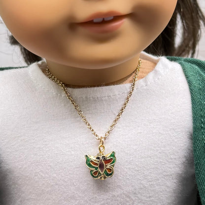 Green Multi Color Enamel Detail Butterfly Charm Gold Doll Necklace • 18 Inch Fashion Doll Jewelry