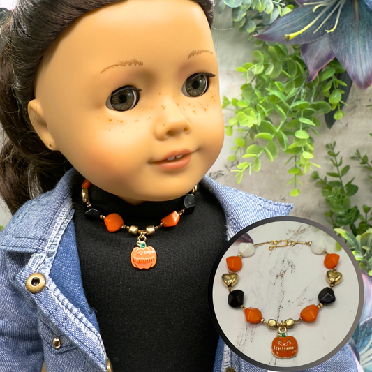 Pumpkin Halloween Charm Acrylic Beaded Doll Necklace • 18 Inch Fashion Doll Jewelry