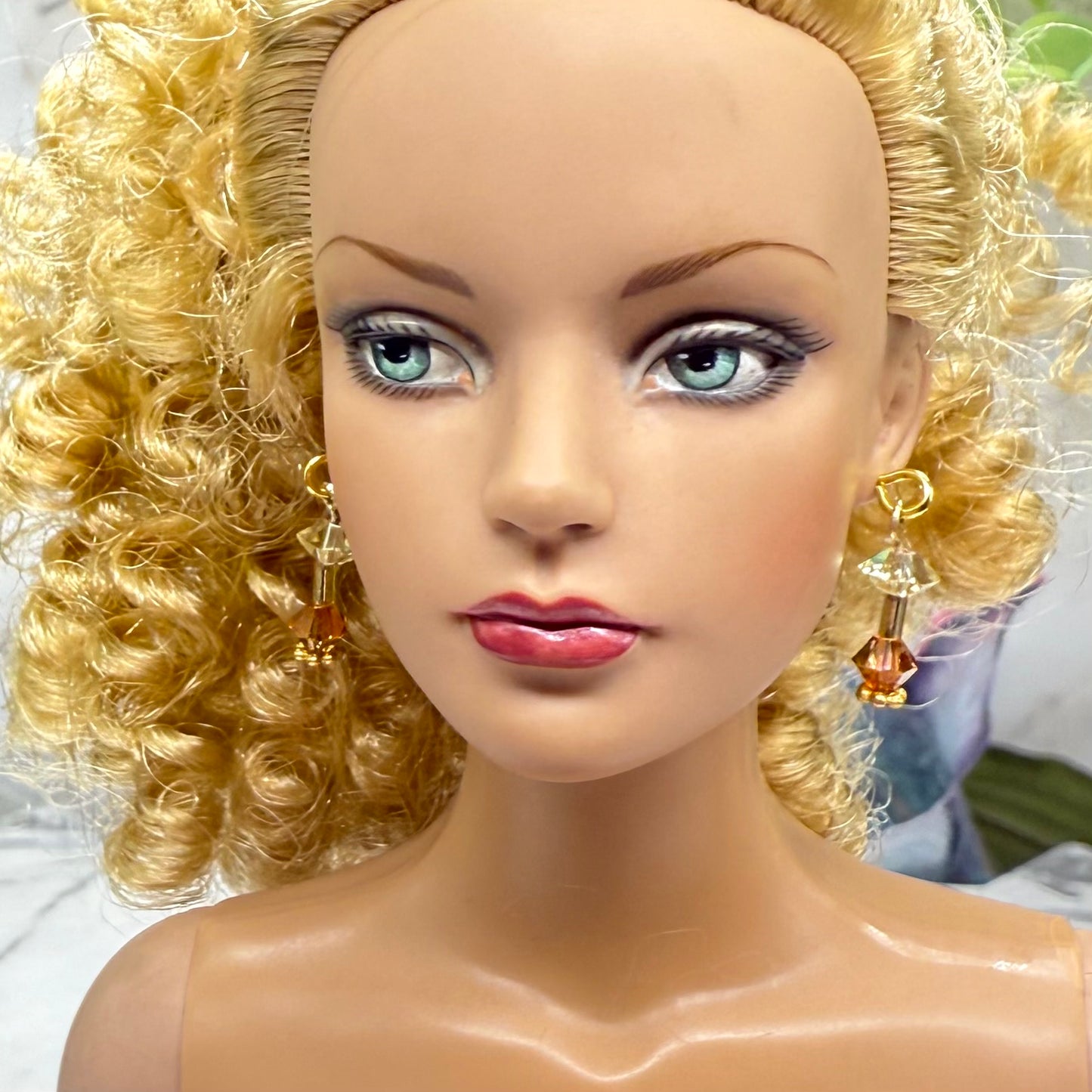 Dark Orange & Clear Crystal Dangle Gold Earrings • 16 Inch Fashion Doll Jewelry