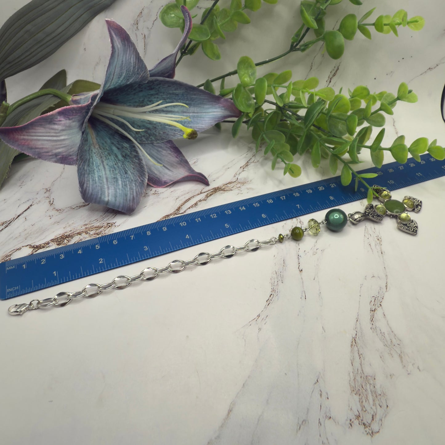 Green Cabochon Silver Cross & Green Bead Chain • Car Mirror Charm / Sun Catcher