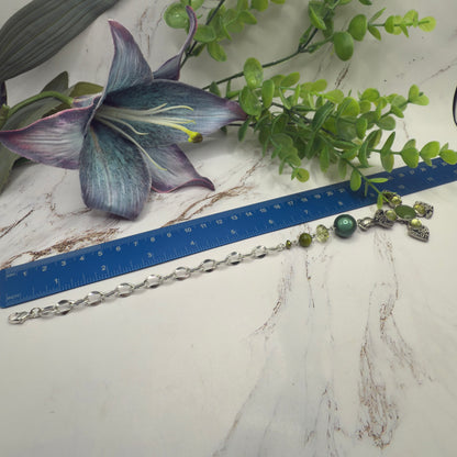 Green Cabochon Silver Cross & Green Bead Chain • Car Mirror Charm / Sun Catcher