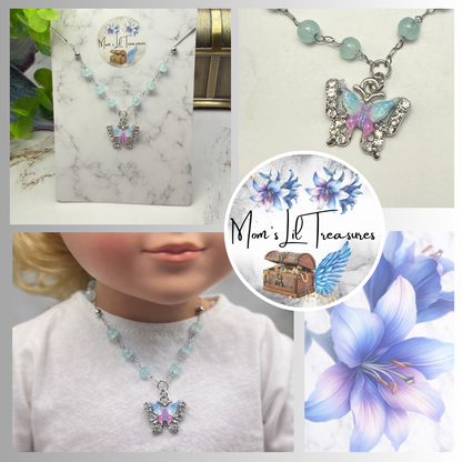 Blue Purple Butterfly Charm Light Blue Beaded Doll Necklace • 18 Inch Fashion Doll Jewelry