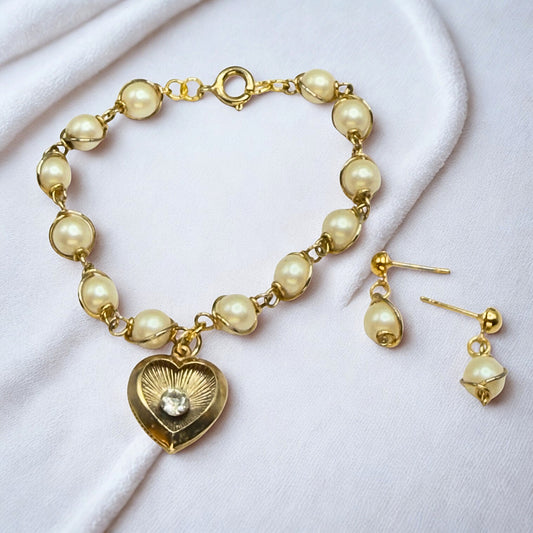 Gold Heart Rhinestone Accent Charm Pearl Link Doll Necklace & Earrings • 18 Inch Fashion Doll Jewelry