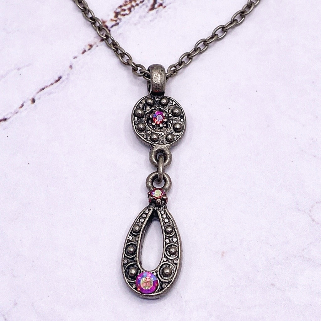 Red AB Rhinestone Dangle Pendant Gun Metal Doll Necklace • 18 Inch Doll Jewelry