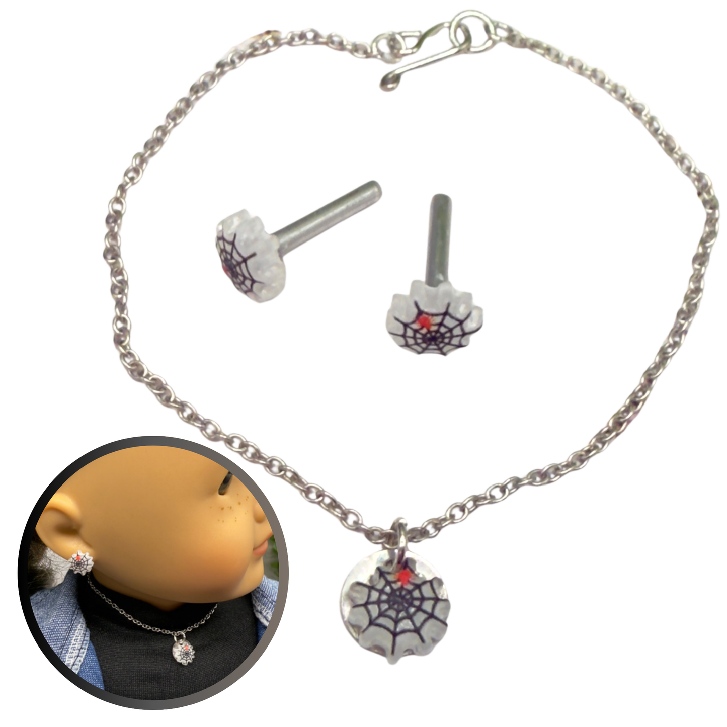 Spider Web Halloween Doll Necklace and 2mm Post Earrings Set • 18 Inch Fashion Doll Jewelry