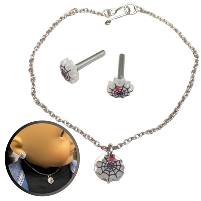 Spider Web Halloween Doll Necklace and 2mm Post Earrings Set • 18 Inch Fashion Doll Jewelry