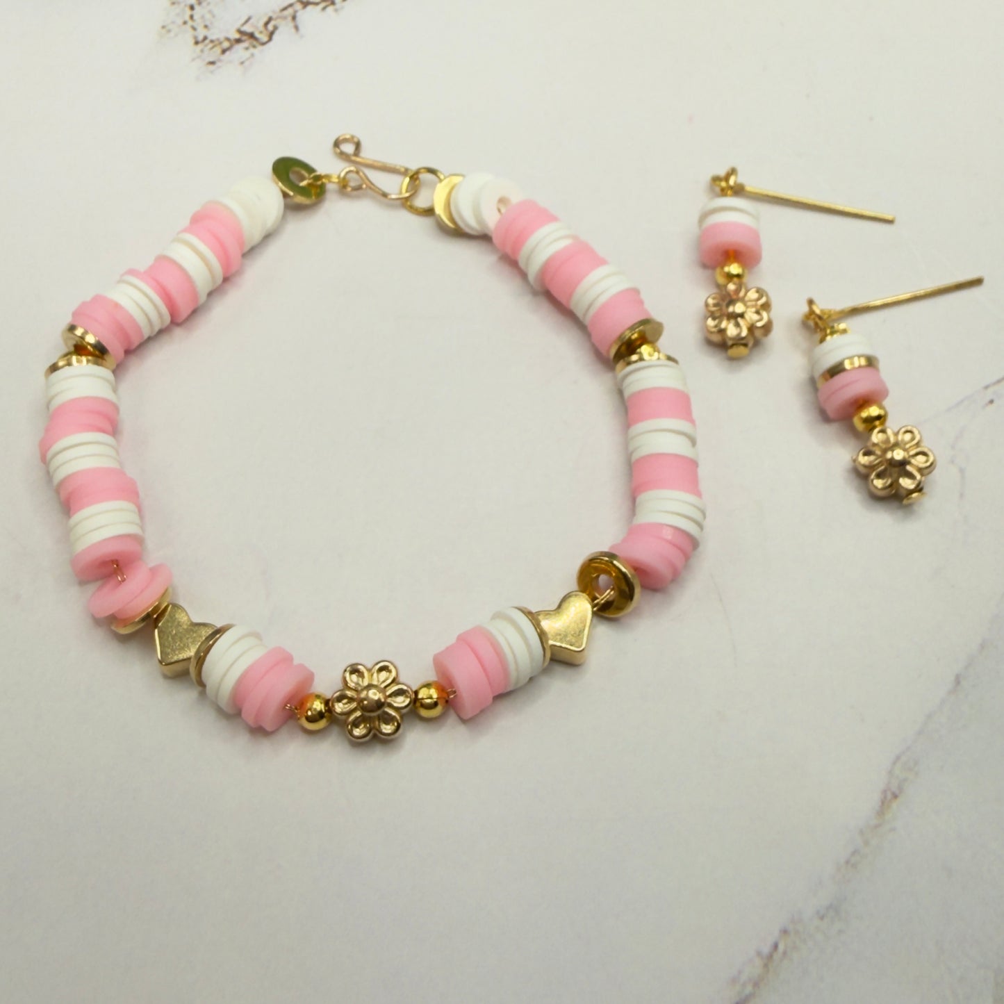 Pink White Disk Beaded Gold Flower Heart Doll Necklace & Earrings • 18 Inch Fashion Doll Jewelry