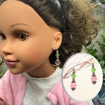 Light Green Pink Glass Crystal Dangle Doll Earrings • 18 Inch Fashion Doll Jewelry