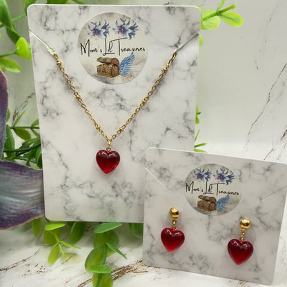 Red Burgundy Heart Pendant Gold Chain Doll Necklace & Earrings • 2mm Post for 18 Inch Fashion Doll