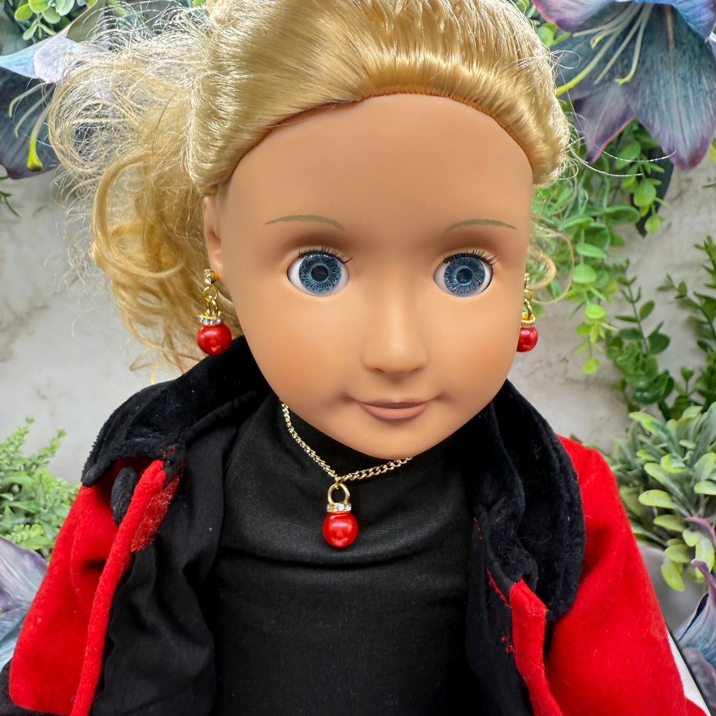 Red Pearly Christmas Ornament Charm Doll Necklace & Earrings Set • 18 Inch Fashion Doll Jewelry