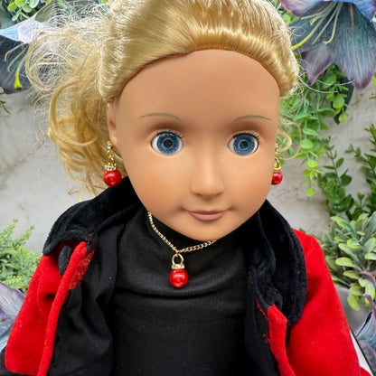 Red Pearly Christmas Ornament Charm Doll Necklace & Earrings Set • 18 Inch Fashion Doll Jewelry