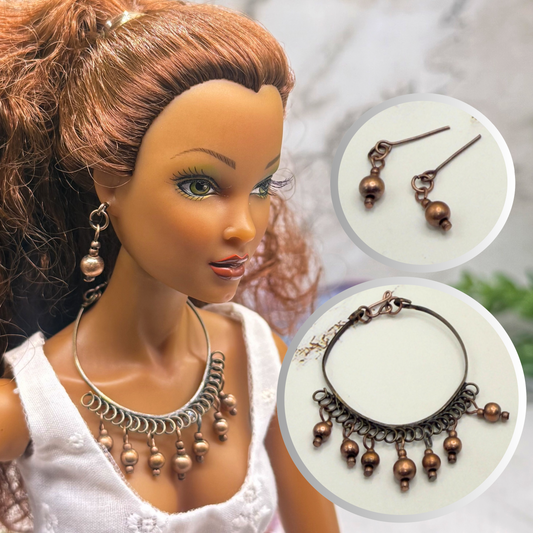 Copper Bronze Dangle Bib Style Doll Necklace & Earrings Set • 16 Inch Fashion Doll Jewelry