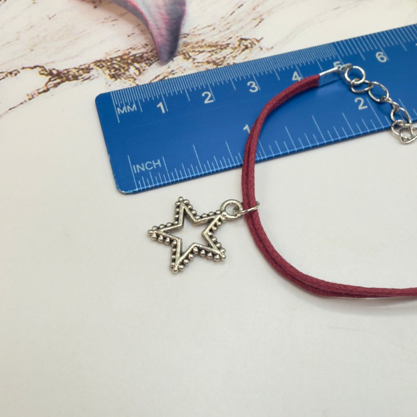 Silver Star Pendant Dark Burgundy Wine Red Fabric Cord Doll Necklace • 18 Inch Fashion Doll Jewelry