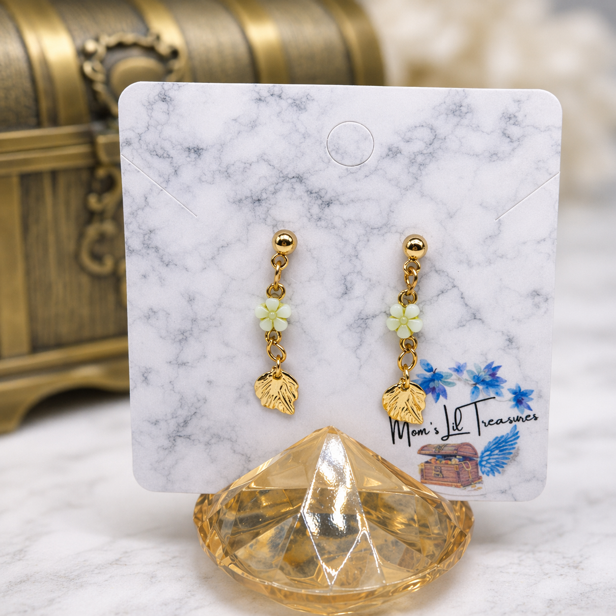 Light Green Flower Gold Leaf Dangle Doll Earrings for 18 Inch Doll Jewelry