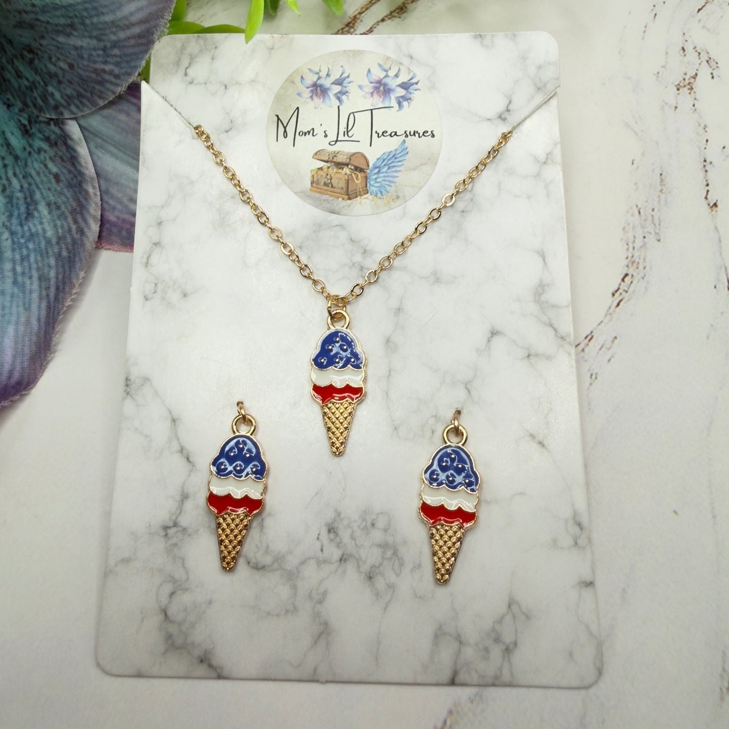 Red White Blue Patriotic Ice Cream Cone Charm Doll Necklace & Earrings Set for 18 Inch Fashion Doll