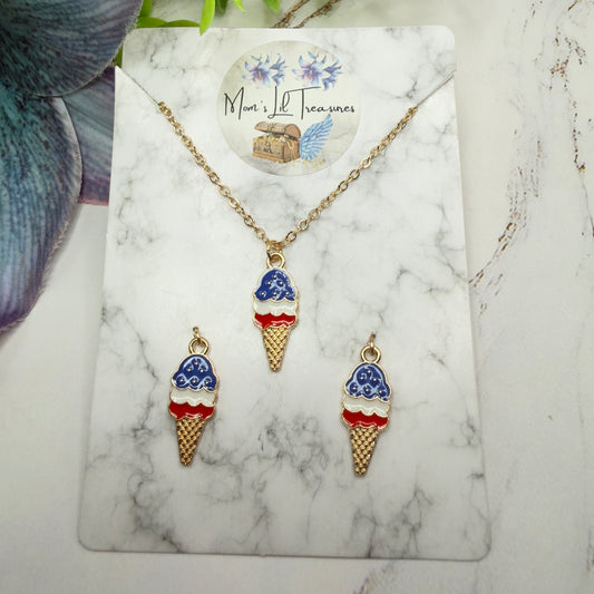 Red White Blue Patriotic Ice Cream Cone Charm Doll Necklace & Earrings Set for 18 Inch Fashion Doll