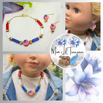 Red White Blue Beaded American Flag Charm Doll Necklace & Earrings Set for 18 Inch Fashion Doll