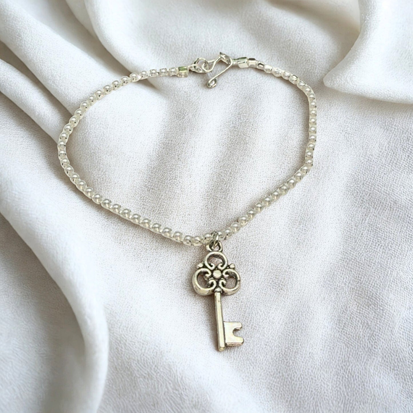 Silver Key Charm Pearl Cup Chain Doll Necklace • 18 Inch Fashion Doll Jewelry