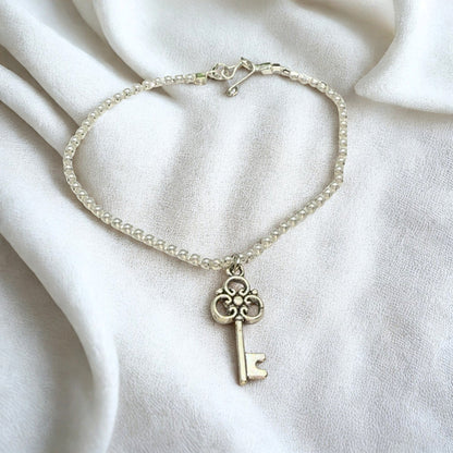 Silver Key Charm Pearl Cup Chain Doll Necklace • 18 Inch Fashion Doll Jewelry