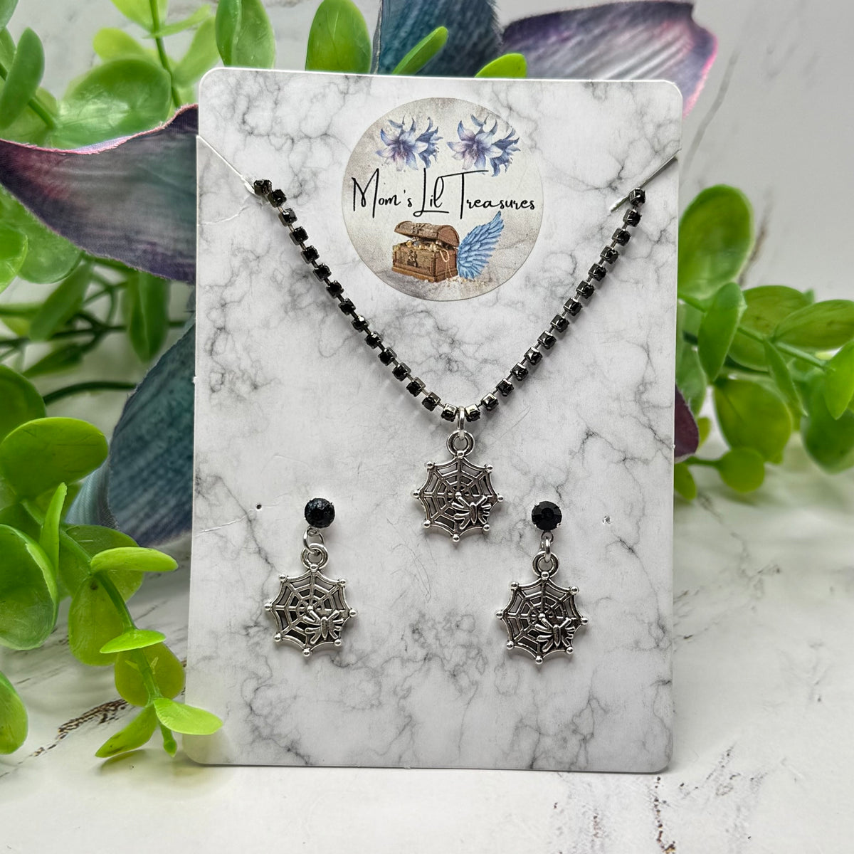 Halloween Silver Spider Web Black Rhinestone Necklace & Earrings Set | for 18 Inch Fashion Doll