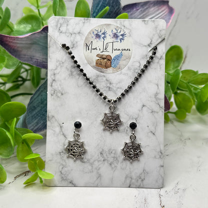 Halloween Silver Spider Web Black Rhinestone Necklace & Earrings Set | for 18 Inch Fashion Doll