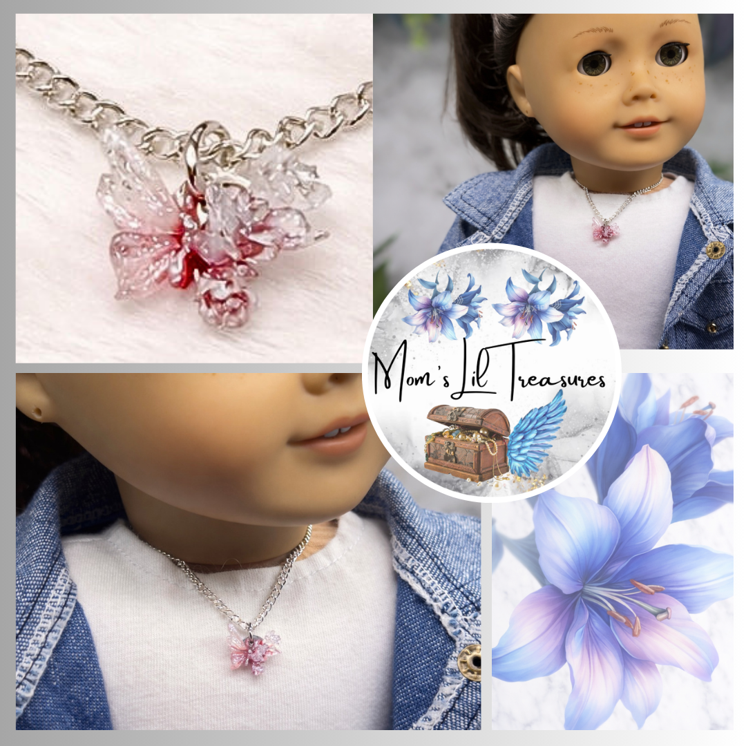 Pink White Glittery Acrylic Floral Butterfly Charm Silver Chain Doll Necklace • 18 Inch Fashion Doll Jewelry