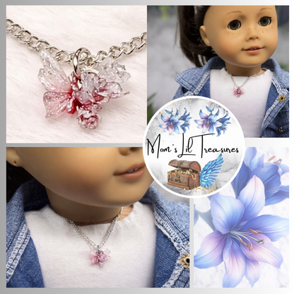 Pink White Glittery Acrylic Floral Butterfly Charm Silver Chain Doll Necklace • 18 Inch Fashion Doll Jewelry