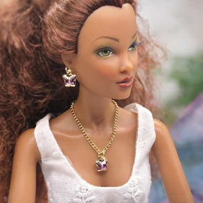 Purple Acrylic Crystal Butterfly Charm Gold Doll Necklace and Earrings for 16 Inch Fashion Dolls