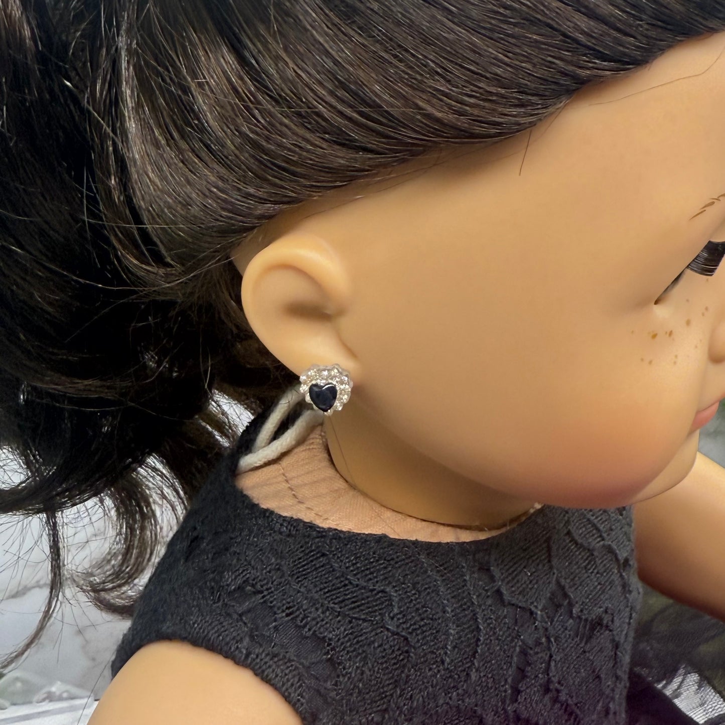 Sparkly Ruffled Black Center Heart Post Doll Earrings • 2mm Post for 18 Inch Fashion Doll
