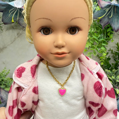 Pink LOVE Heart Charm Gold Chain Doll Necklace • 18 Inch Fashion Doll Jewelry