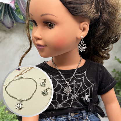 Silver Spider Web Halloween Necklace and Earrings Set | for 18 Inch Fashion Doll