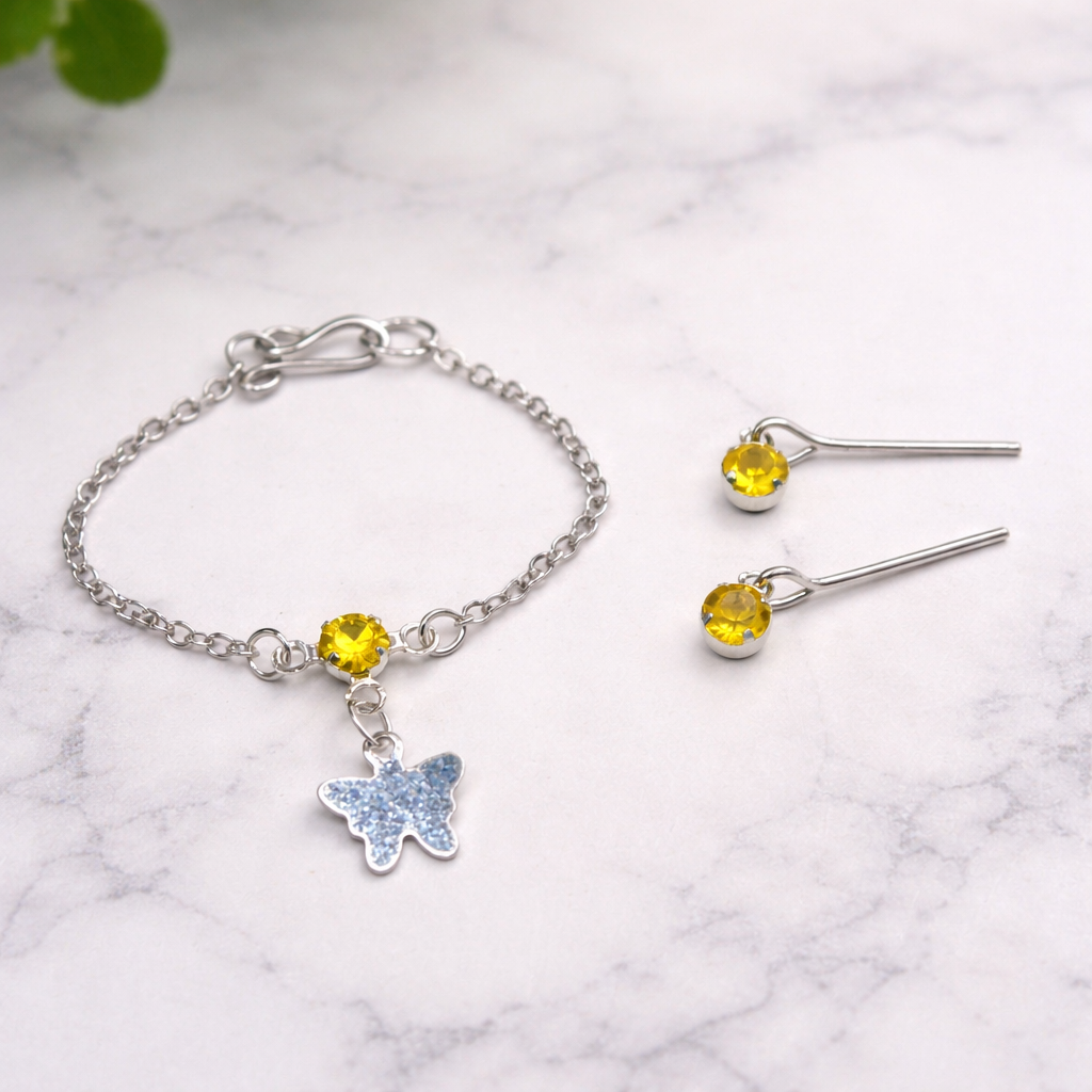 Yellow Rhinestone Silver Butterfly Charm Doll Necklace & Earrings for 16 Inch Fashion Dolls
