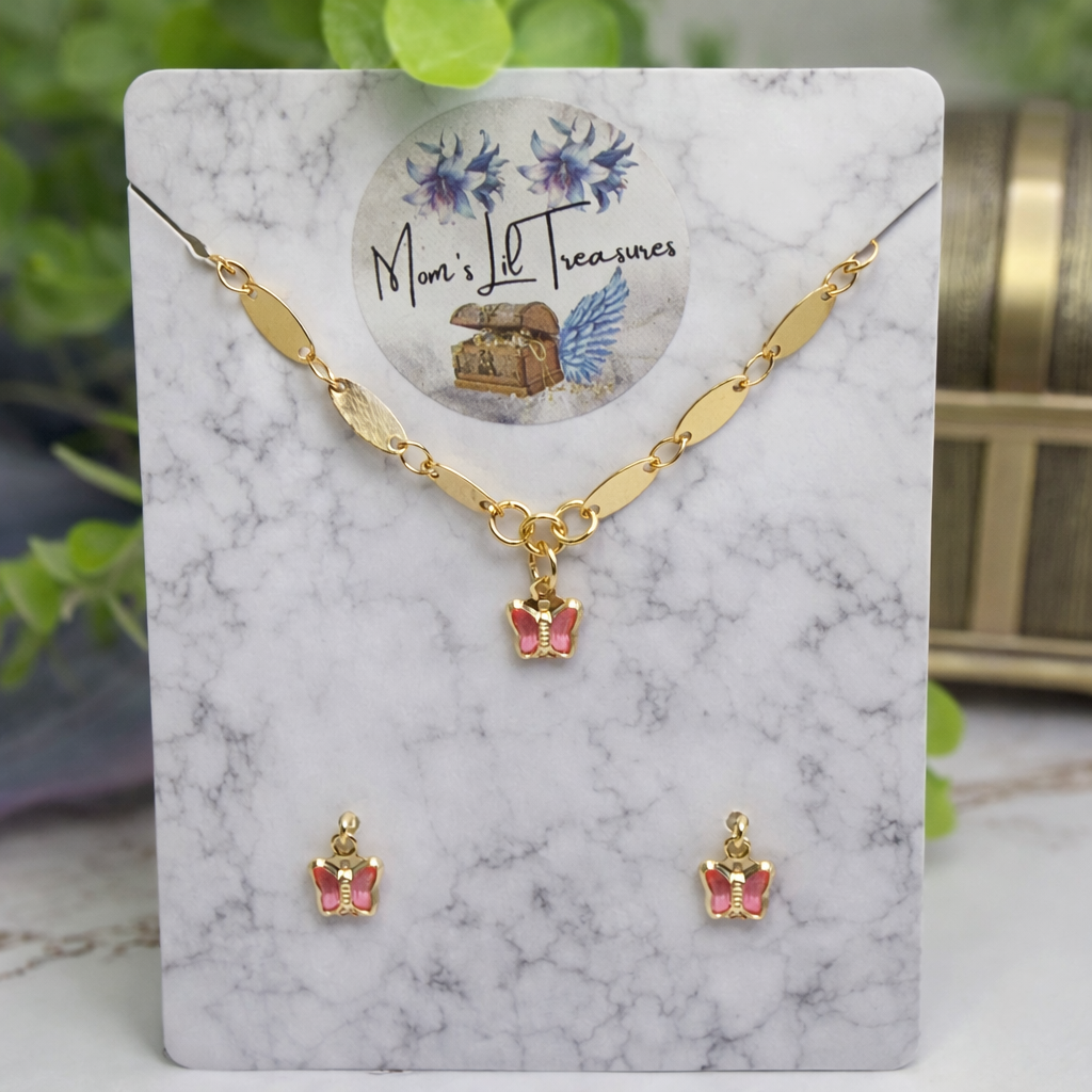 Pink Crystal Butterfly Charm Gold Oval Link Doll Necklace & Earrings • 14 Inch Fashion Doll Jewelry
