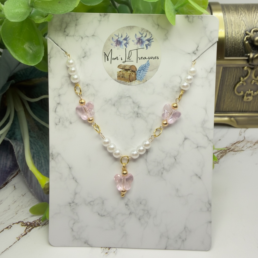Light Pink Crystal Butterfly & Pearl Beaded Doll Necklace • 14 Inch Fashion Doll Jewelry