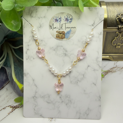 Light Pink Crystal Butterfly & Pearl Beaded Doll Necklace • 14 Inch Fashion Doll Jewelry