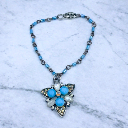 Turquoise Blue Glass Rhinestone Starburst Design Doll Necklace •18” Doll Jewelry