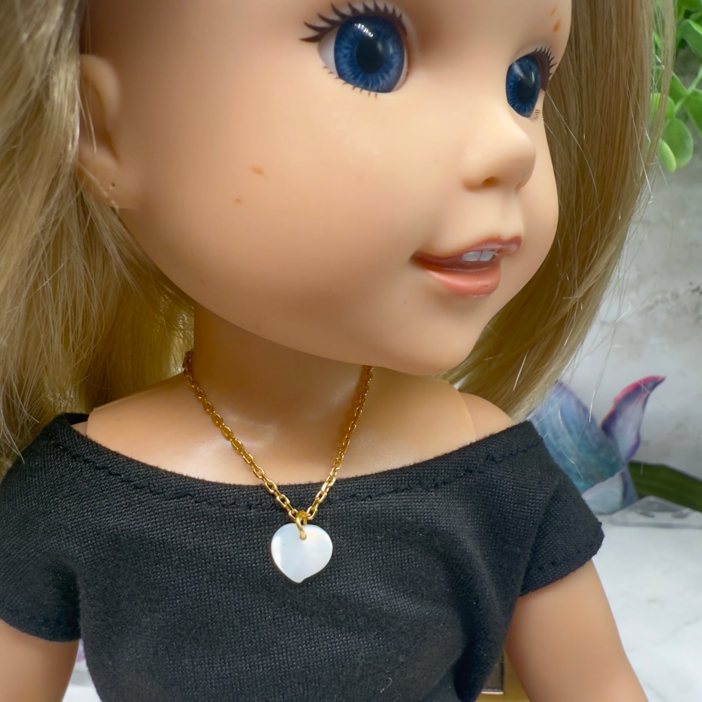 Mother of Pearl Heart Charm Gold Chain Doll Necklace • 14 Inch Doll Jewelry