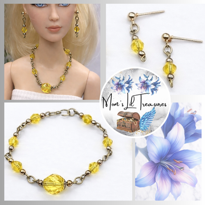 Light Yellow Glass Crystal Doll Necklace Earring Set • 16” Fashion Doll Jewelry