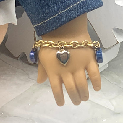 Blue Glass Gold Heart Charm Doll Bracelet • 18 Inch Fashion Doll Jewelry