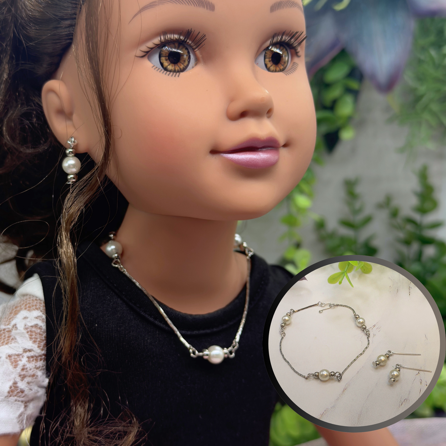 Silver Serpentine Chain w/ Pearl Doll Necklace & Earrings • 18 Inch Fashion Doll Jewelry