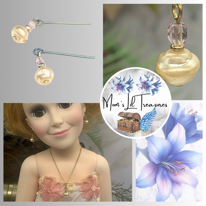 Pearl Pink Crystal Pendant Doll Necklace Earring Set for 18-22 Inch Vintage Doll