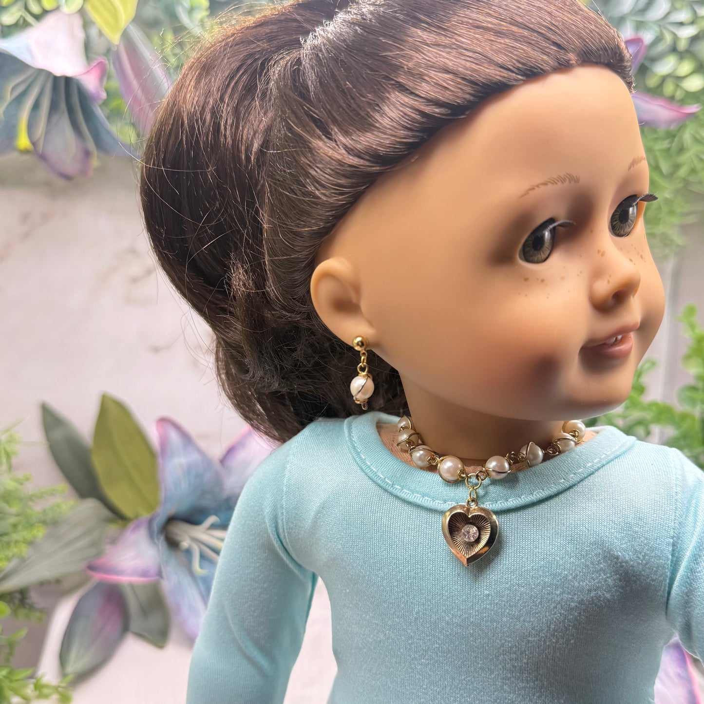 Pearl Beaded Gold Heart Rhinestone Center Necklace & Earrings • 18 Inch Fashion Doll Jewelry