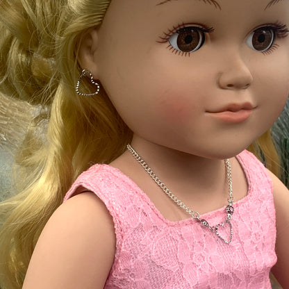 Silver Heart Chain Purple Crystal Necklace Earring Set • 18 Inch Fashion Doll