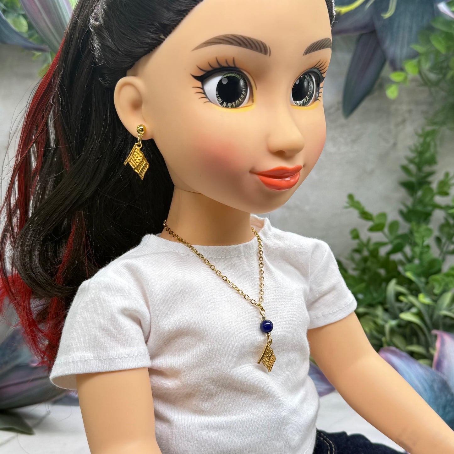 Blue Bead Gold Flag Dangle Doll Necklace & Earrings Set for 18 Inch Fashion Doll